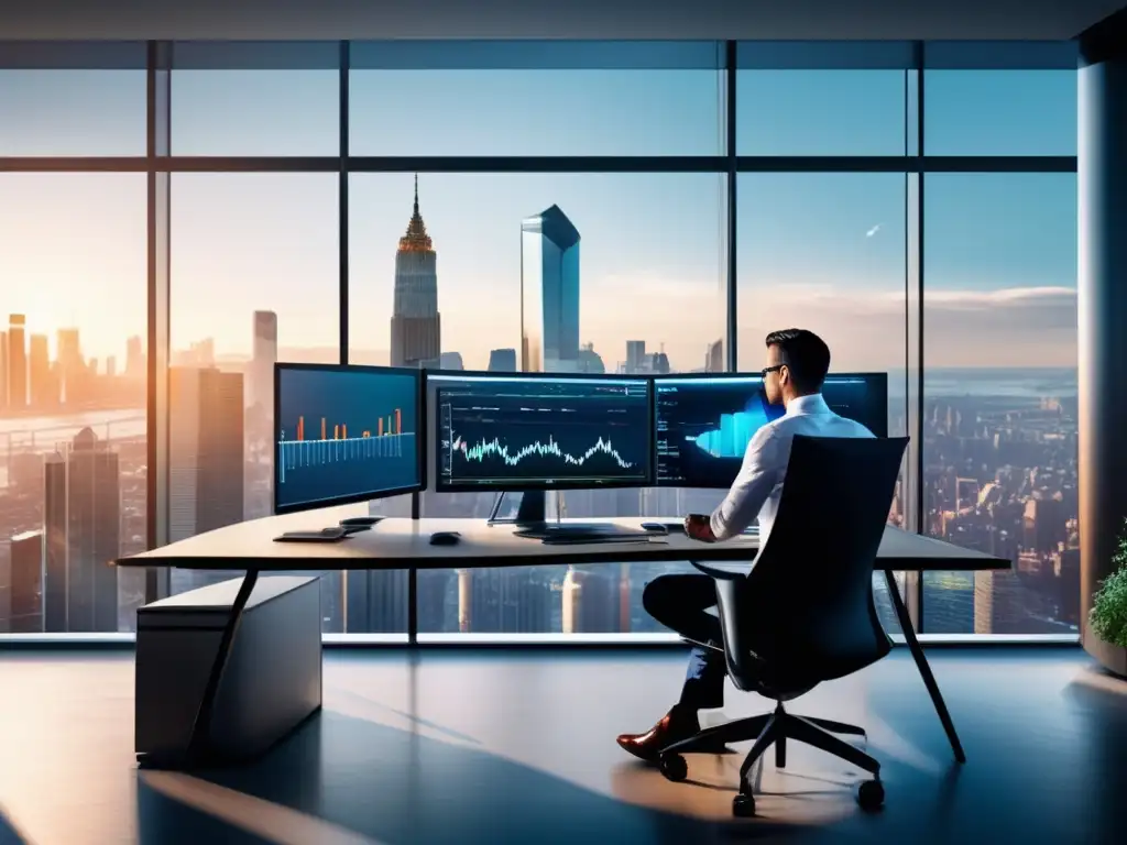 Oficina moderna con vista a la ciudad Oficina moderna con vista a la ciudad, escritorio espacioso con monitores mostrando gráficos de gestión de portafolio