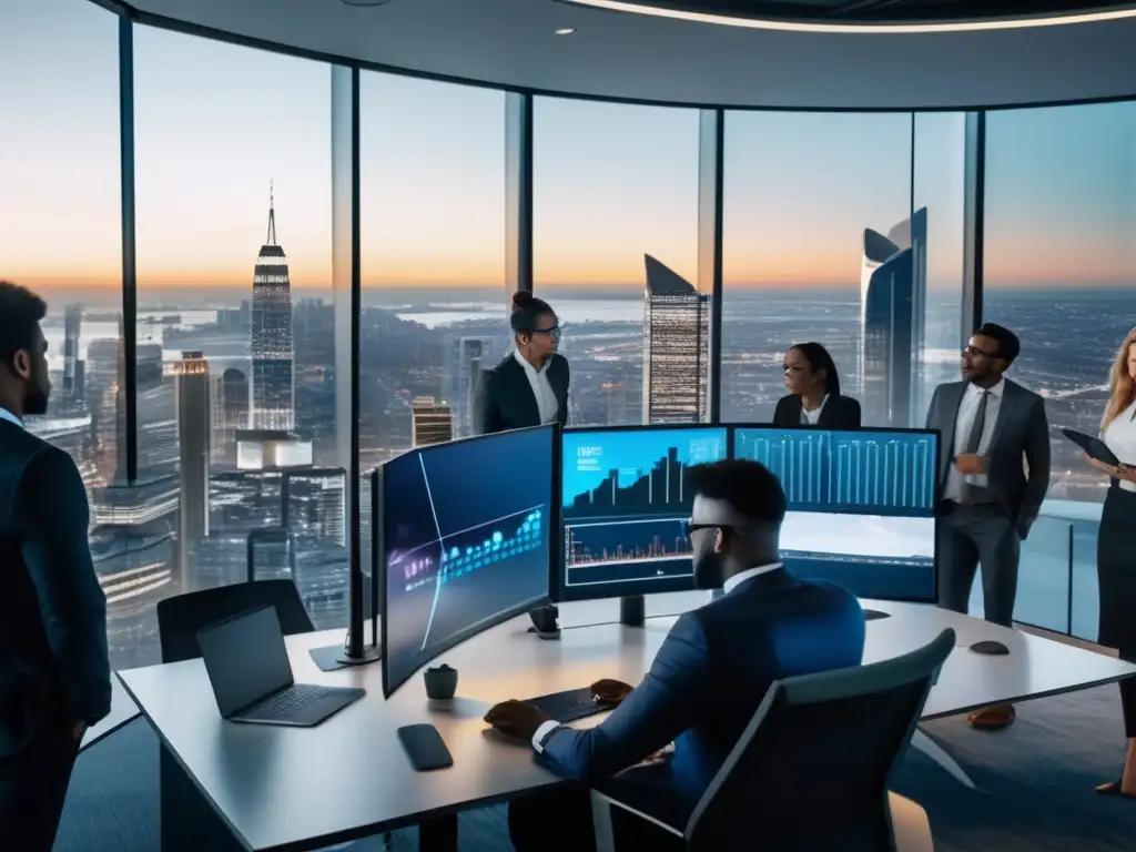 Oficina ultramoderna con profesionales analizando datos Oficina moderna con vista a la ciudad, profesionales analizando gráficos y datos en tiempo real
