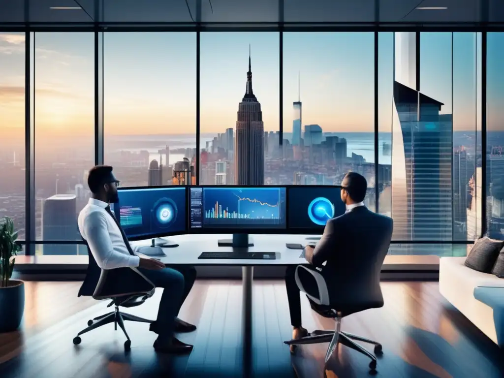Oficina moderna con profesionales analizando estrategias de inversión Oficina moderna con vista a la ciudad y estrategias de inversión en bolsa