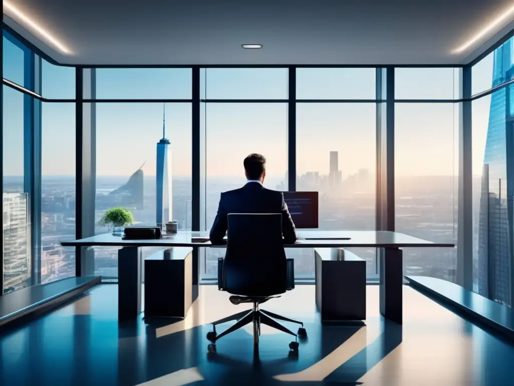 Oficina moderna con vista a la ciudad Oficina moderna con vista a la ciudad y muebles minimalistas