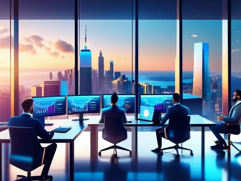 Oficina moderna con profesionales debatiendo criptomonedas Oficina moderna con vista a la ciudad y profesionales discutiendo criptodivisas