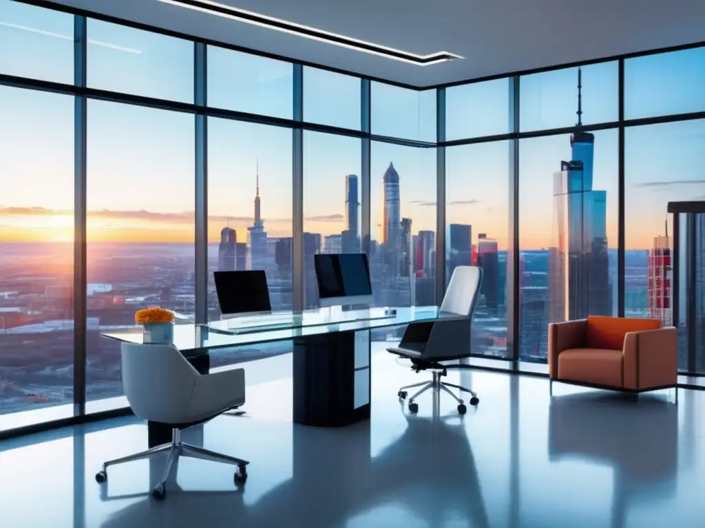 Oficina moderna con vista a la ciudad Oficina moderna con vista a la ciudad, muebles minimalistas y arte abstracto