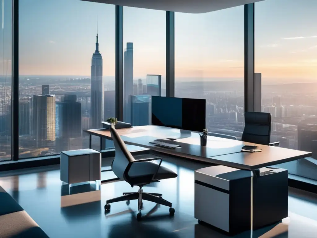 Oficina moderna con vistas a la ciudad Oficina moderna con vista a una ciudad, muebles minimalistas y tecnología avanzada