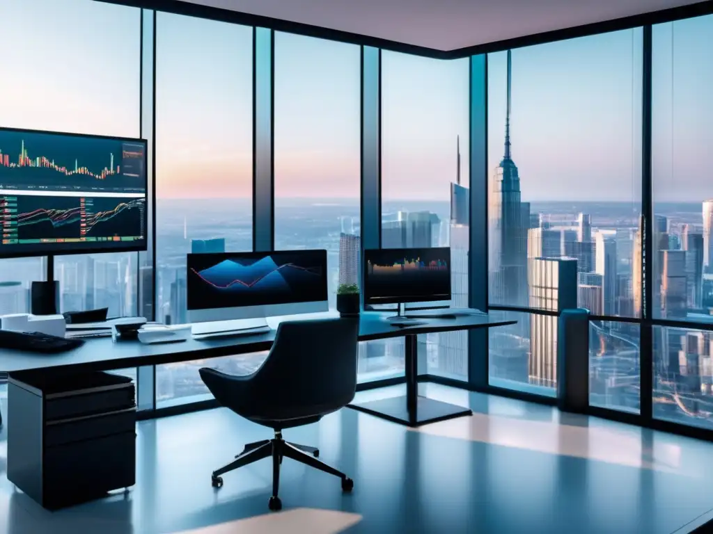 Oficina moderna con profesionales discutiendo ETFs Oficina moderna con vista a la ciudad y profesionales discutiendo sobre ETFs