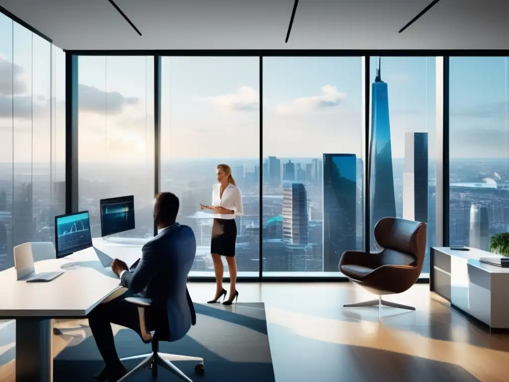 Oficina moderna con vista panorámica Oficina moderna con vista a la ciudad y asesor financiero mostrando importancia de la liquidez en inversiones