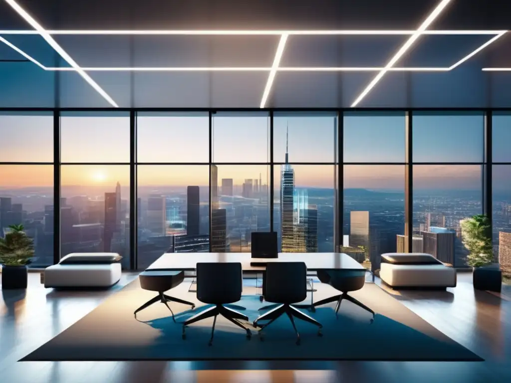 Moderna oficina con vista a la ciudad Oficina moderna con vista a la ciudad, luz natural, muebles minimalistas y tecnología avanzada