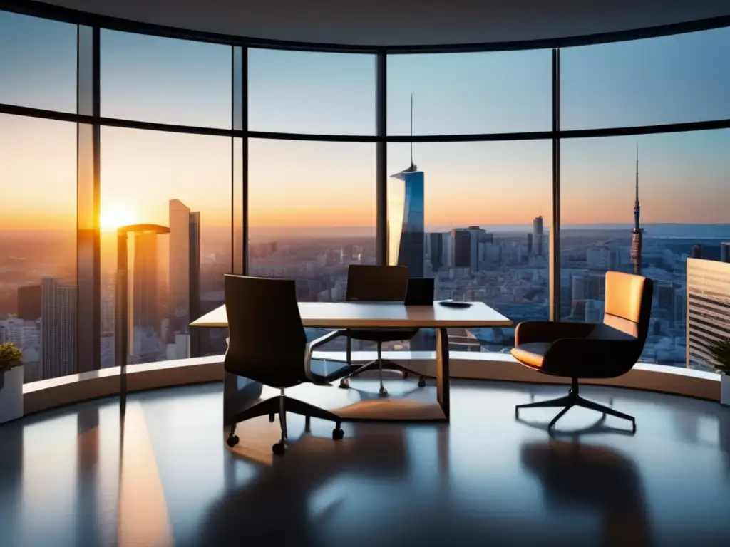 Oficina moderna con vista a la ciudad al atardecer Oficina moderna con vista a la ciudad al atardecer