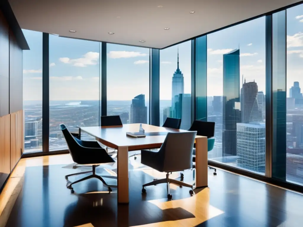 Oficina moderna con vista a la ciudad y libros de inversión Oficina moderna con vista a la ciudad, mobiliario contemporáneo, mesa de conferencias y libros de Buffett, Lynch y Dalio