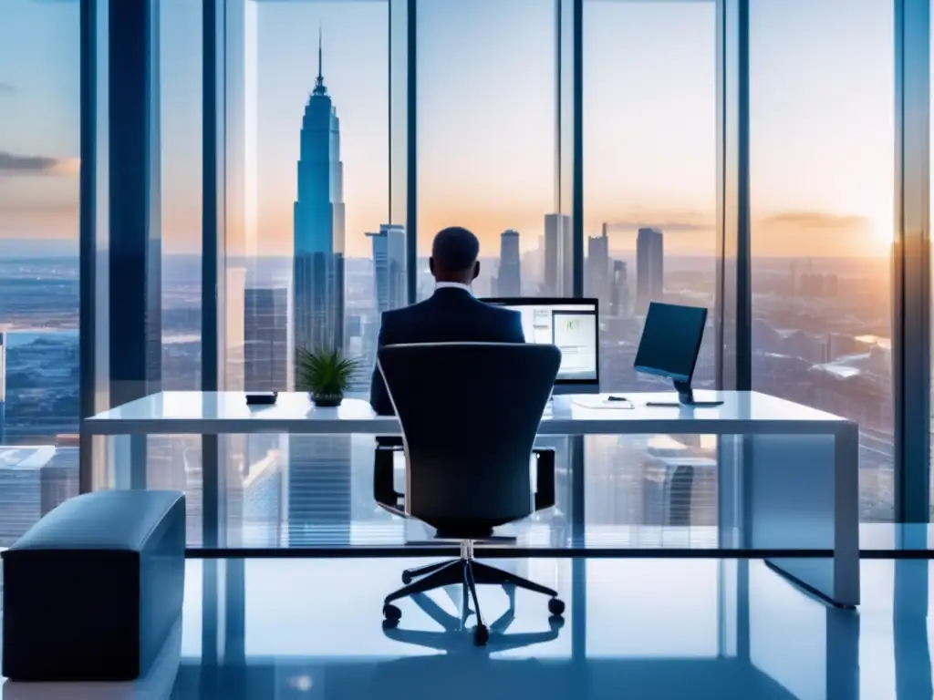Oficina moderna con vista a la ciudad Oficina moderna con vista a la ciudad, muebles minimalistas, escritorio blanco y persona trabajando (Inversiones pasivas con casos de éxito)
