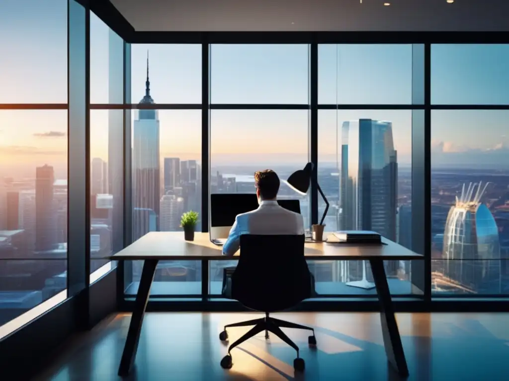 Oficina elegante con vista a la ciudad Oficina moderna con vista a la ciudad, escritorio minimalista con laptop y gráficos financieros