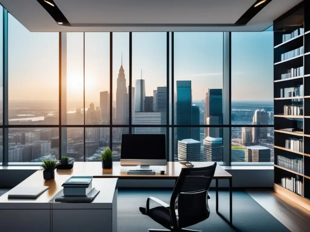 Oficina sofisticada con libros financieros Oficina moderna con vista a la ciudad, libros de inversión, ambiente acogedor y construcción de riqueza a largo plazo