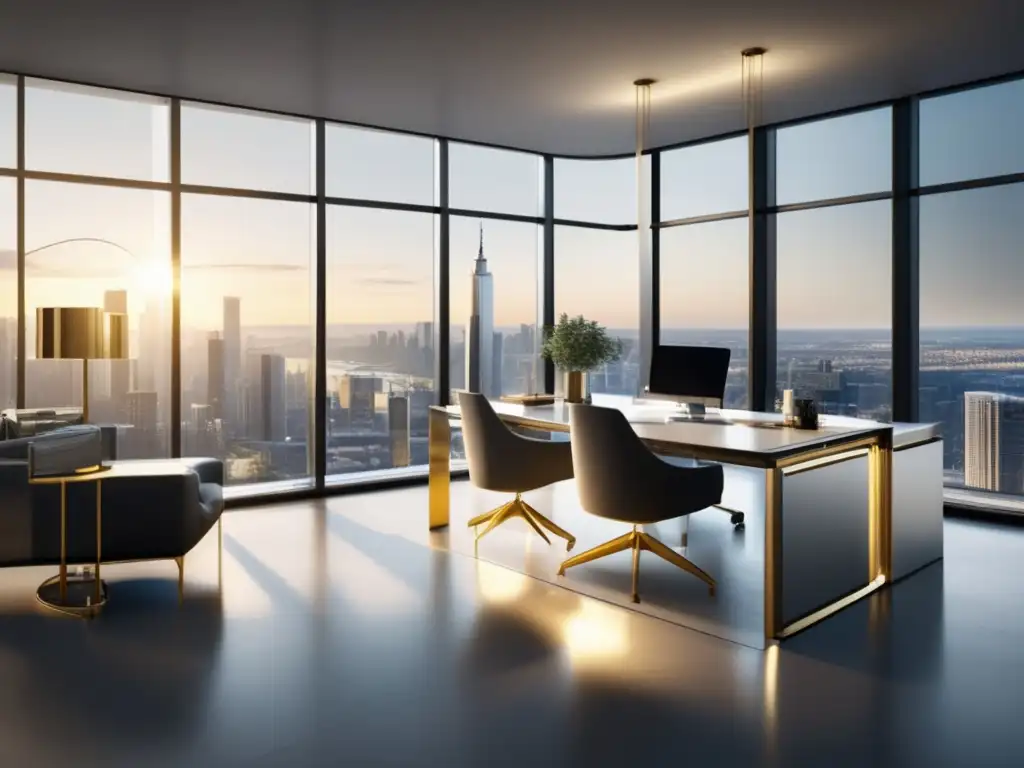 Oficina moderna con vista a la ciudad y barras de oro y plata Oficina moderna con vista a la ciudad, escritorio plateado con barras de oro y plata, persona estudiando inversiones en monitor