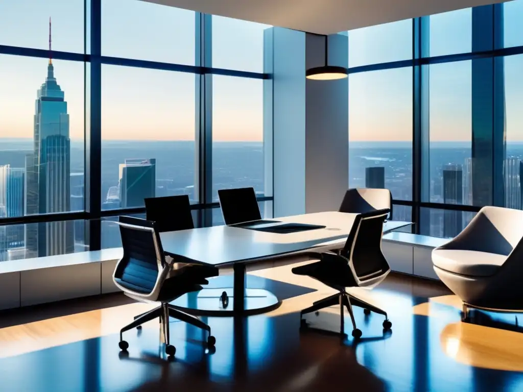 Oficina moderna con profesionales y tecnología Oficina moderna con vista a la ciudad, empresarios discutiendo, emociones y sesgos en inversión de startups