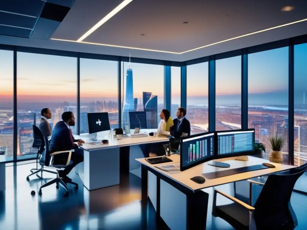 Oficina moderna con profesionales analizando datos y gráficos Oficina moderna con vista a la ciudad y profesionales analizando leyes de inversión en acciones financieras