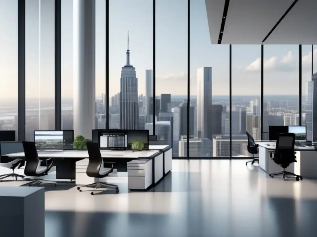 Oficina moderna con profesionales y tecnología Oficina moderna con vista a la ciudad y profesionales discutiendo estrategias de gestión de riesgo en inversiones