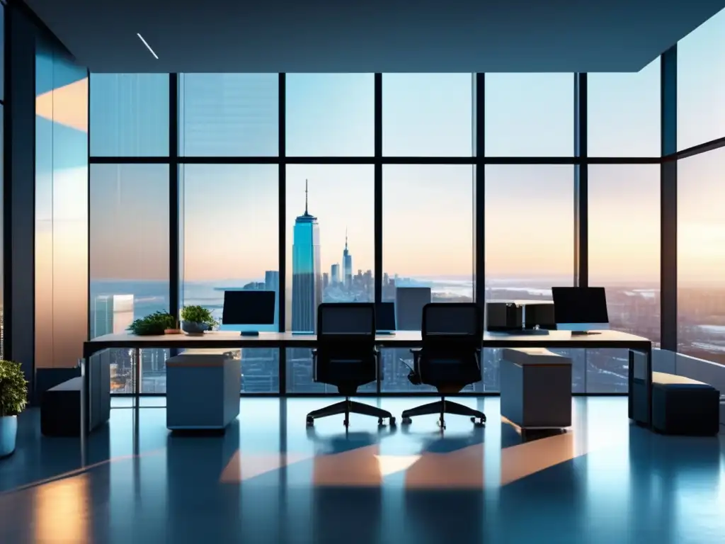 Oficina moderna con vista a la ciudad Oficina moderna con vista a la ciudad y profesionales discutiendo estrategias de inversión rentables