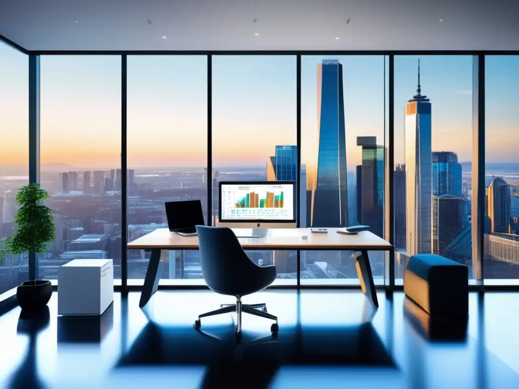 Espacio de oficina moderno y luminoso con vista a la ciudad Oficina moderna con vista a la ciudad y muebles contemporáneos