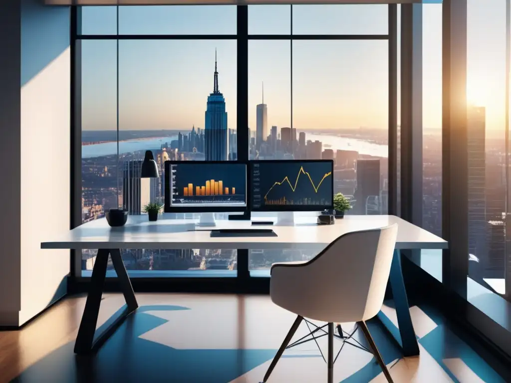 Oficina moderna con vista a la ciudad Oficina moderna con vista a la ciudad, muebles minimalistas, escritorio blanco con gráficos de bolsa, luz cálida