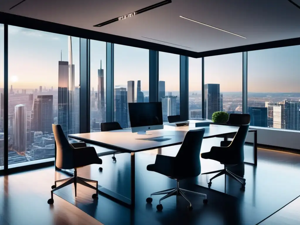 Oficina moderna con vista panorámica Oficina moderna con vista a la ciudad, muebles minimalistas y profesionales en reunión