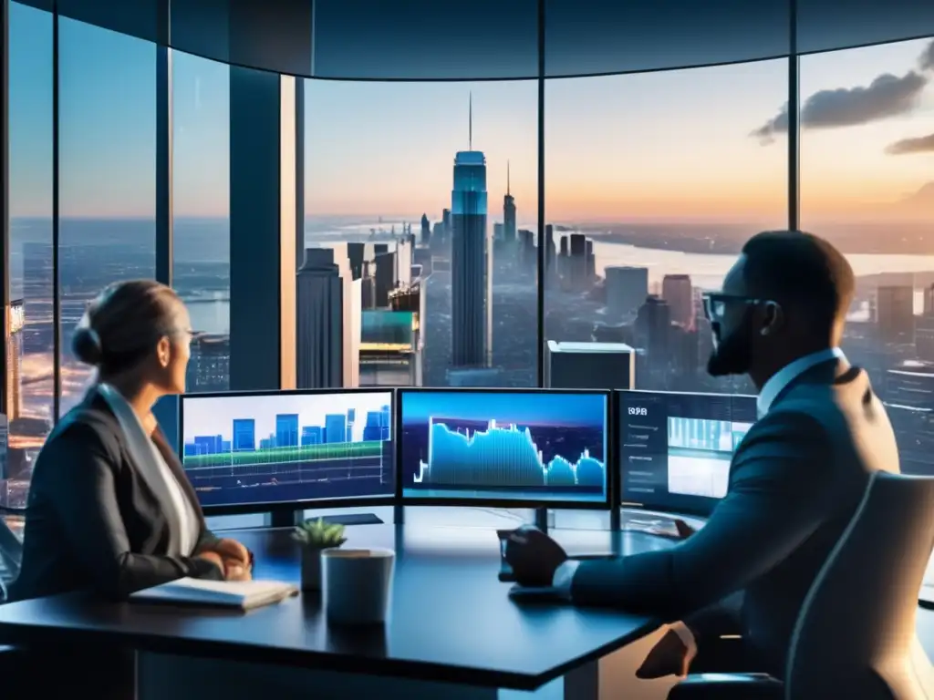 Oficina moderna con vista a la ciudad y profesionales analizando datos Oficina moderna con vista a la ciudad y profesionales analizando estrategia de inversión en acciones de energía