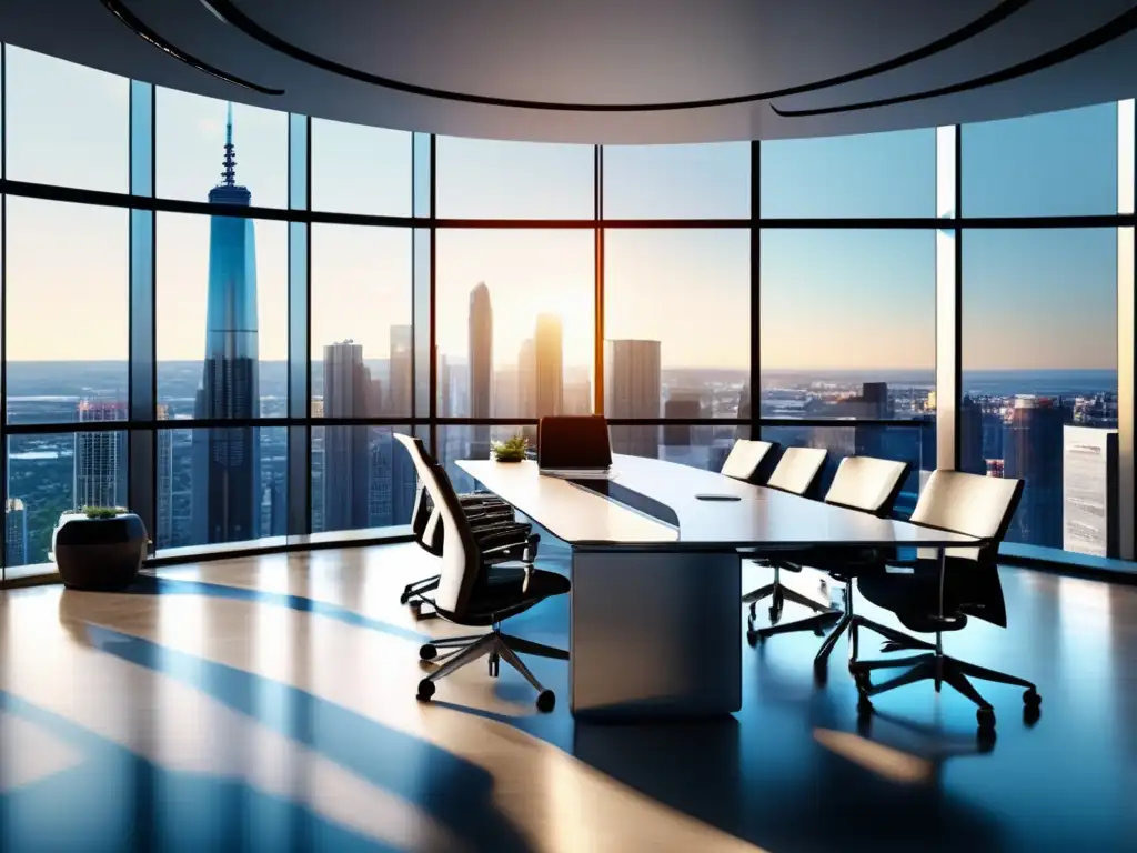 Oficina moderna con profesionales colaborando Oficina moderna con vista a la ciudad, profesionales discutiendo estrategias de inversión