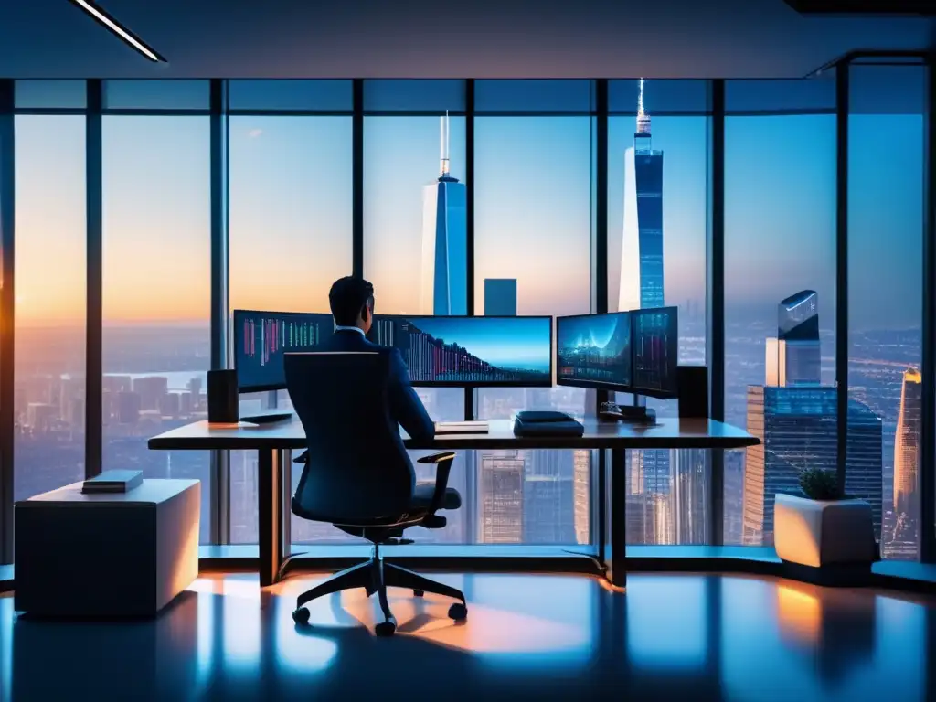 Oficina moderna con tecnología avanzada y análisis del VIX Oficina moderna con vista a la ciudad y tecnología avanzada, analizando el VIX en estrategia de inversión