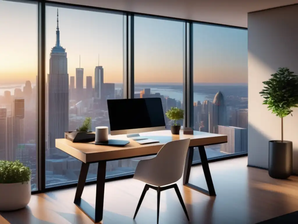 Oficina moderna con vista a la ciudad Oficina moderna con vista a la ciudad, luz natural, escritorio minimalista y gráfico de crecimiento, inspirando inversión pasiva a largo plazo