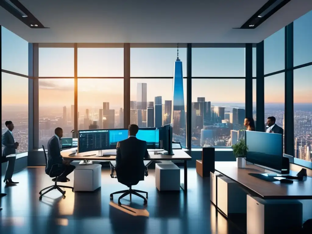 Oficina moderna con profesionales analizando inversiones Oficina moderna con vista a la ciudad, profesionales discutiendo y monitores mostrando datos de mercado
