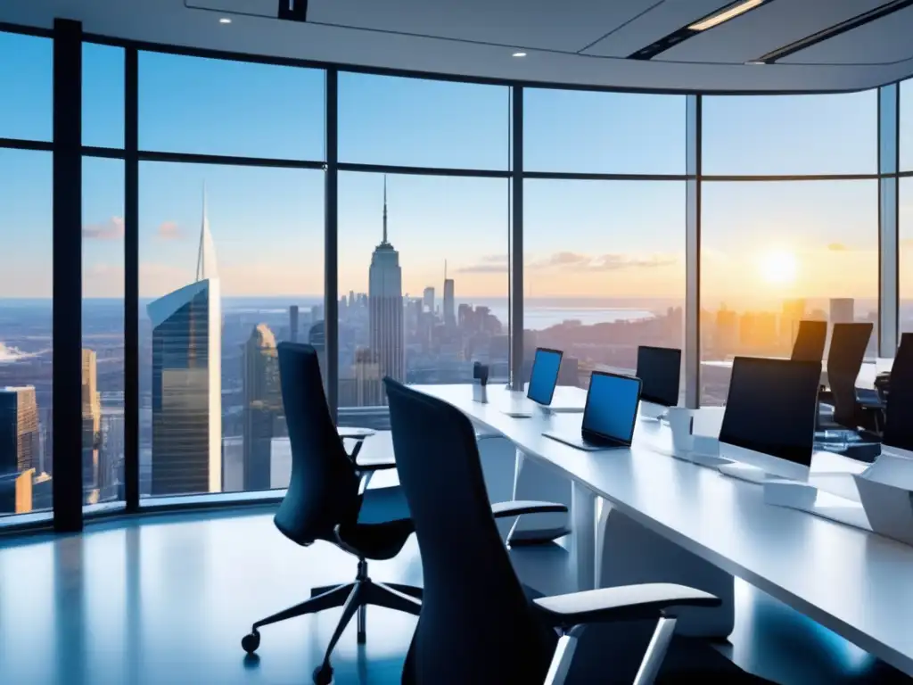 Oficina moderna con vistas a la ciudad Oficina moderna con vista a la ciudad donde profesionales discuten y analizan datos financieros en pantallas