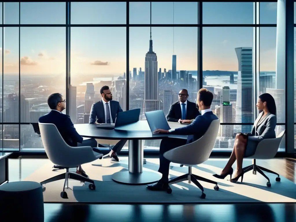 Oficina moderna con vista a la ciudad y expertos en finanzas Oficina moderna con vista a la ciudad, muebles minimalistas y expertos en finanzas analizando datos en pantallas múltiples