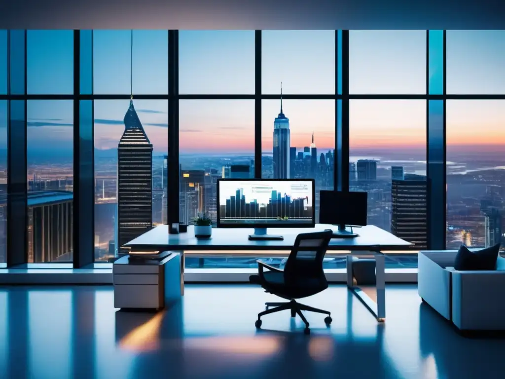 Moderna oficina con vista a la ciudad y análisis financiero Oficina moderna con vista a la ciudad y análisis de inversiones en farmacéuticas líderes