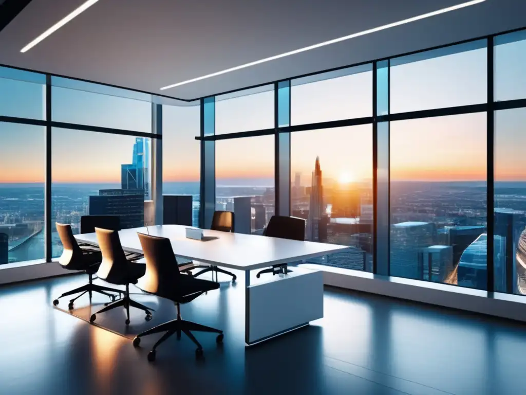 Oficina moderna con vista a la ciudad Oficina moderna con vista a la ciudad, espacios elegantes y tecnología avanzada