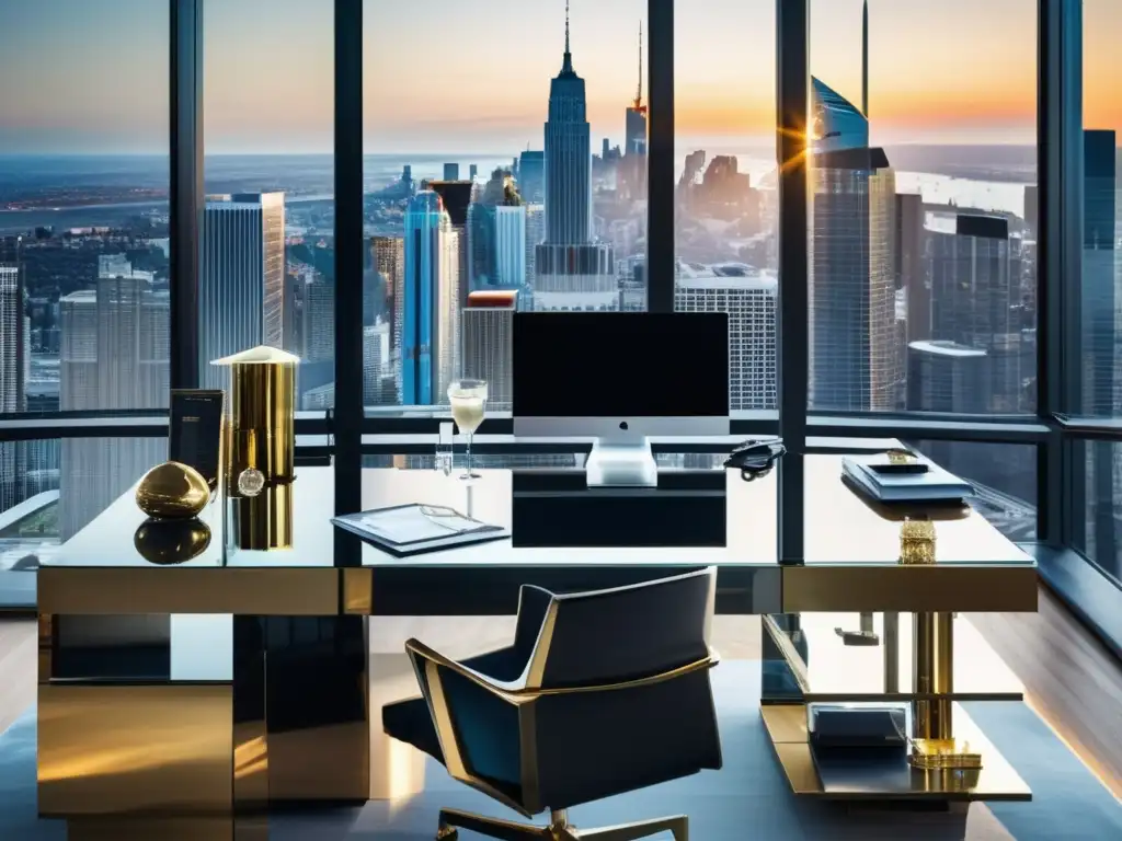 Oficina moderna con vista panorámica a la ciudad Oficina moderna con vista a la ciudad, muebles contemporáneos y escritorio de vidrio con computadora