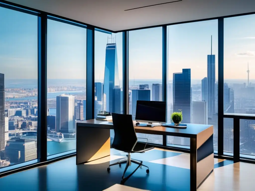 Oficina moderna con vista a la ciudad y gráficos de mercado Oficina moderna con vista a la ciudad y beneficios de los Bonos del Tesoro durante la Turbulencia Económica