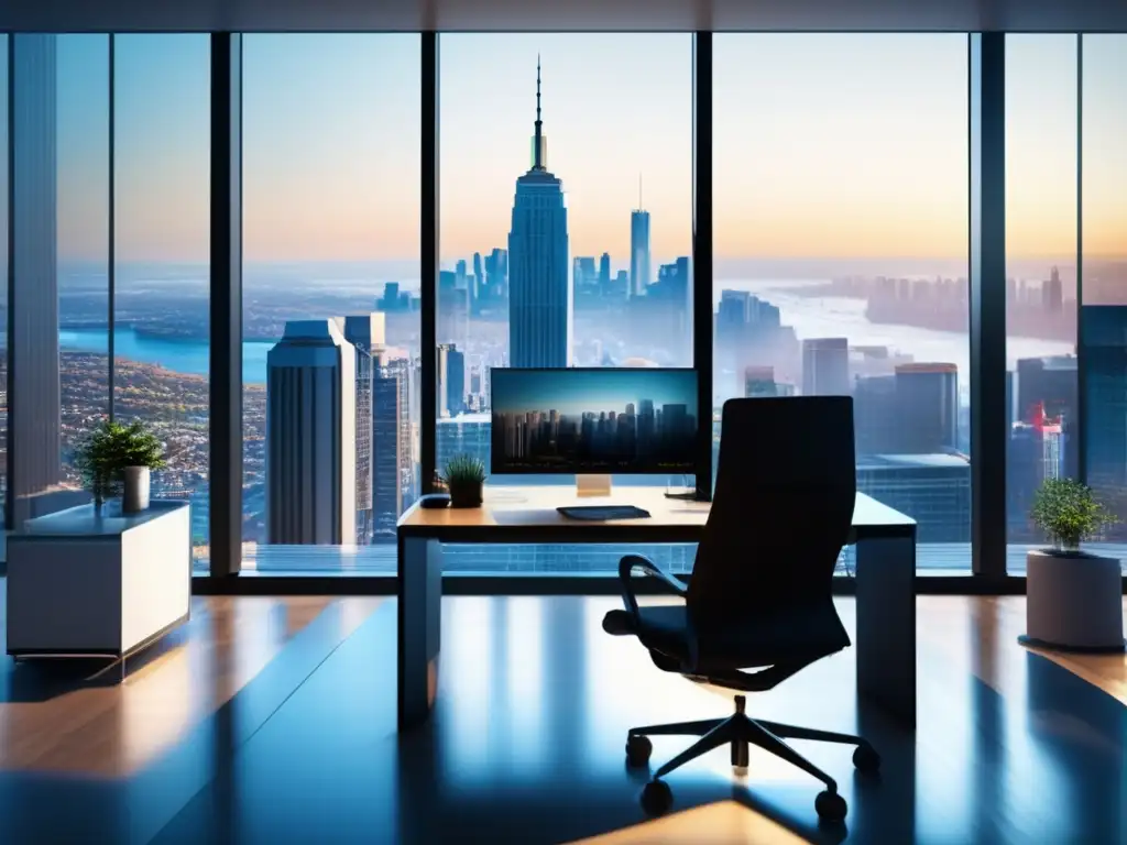 Oficina moderna con vista a la ciudad Oficina moderna con vista a la ciudad, luz natural cálida, escritorio minimalista con monitor de bolsa y notas organizadas