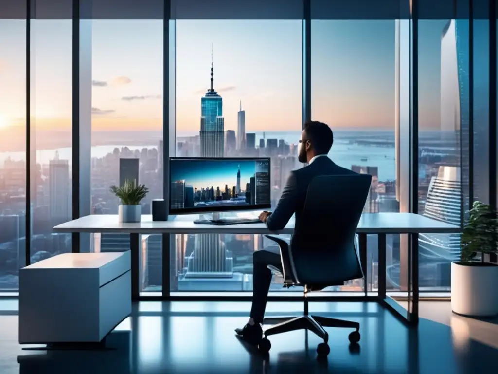 Oficina moderna y elegante con vista a la ciudad Oficina moderna con vista a la ciudad y estrategias de inversión en ETFs para principiantes