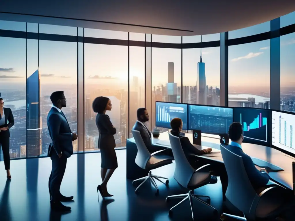 Oficina moderna con profesionales discutiendo Oficina moderna con vista a una ciudad, profesionales analizan inversión en derivados durante volatilidad
