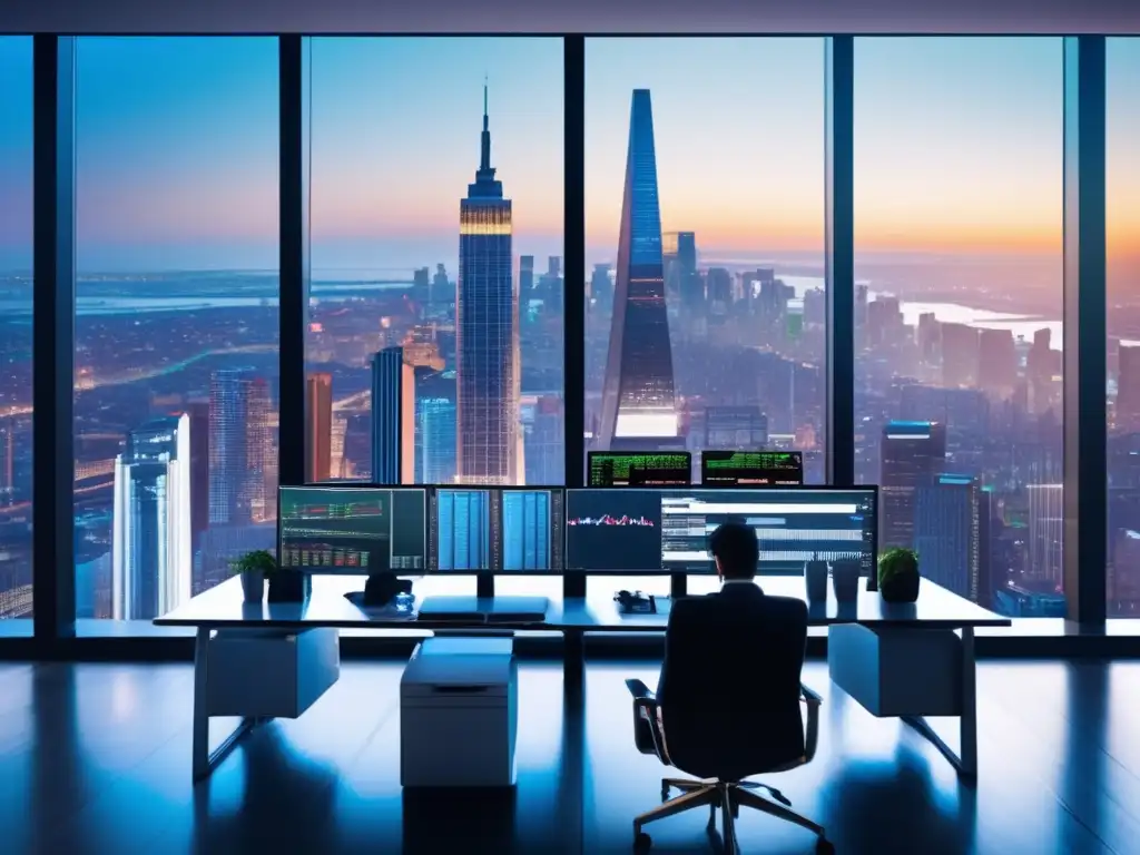 Oficina moderna con vista a la ciudad y monitoreo de mercado Oficina moderna con vista a la ciudad: Invertir en derivados durante volatilidad
