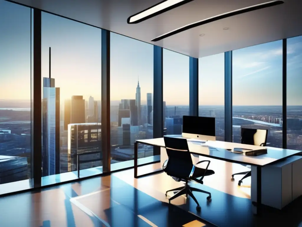 Oficina moderna con vista panorámica a la ciudad Oficina moderna con vista a la ciudad, muebles contemporáneos y gráficos financieros