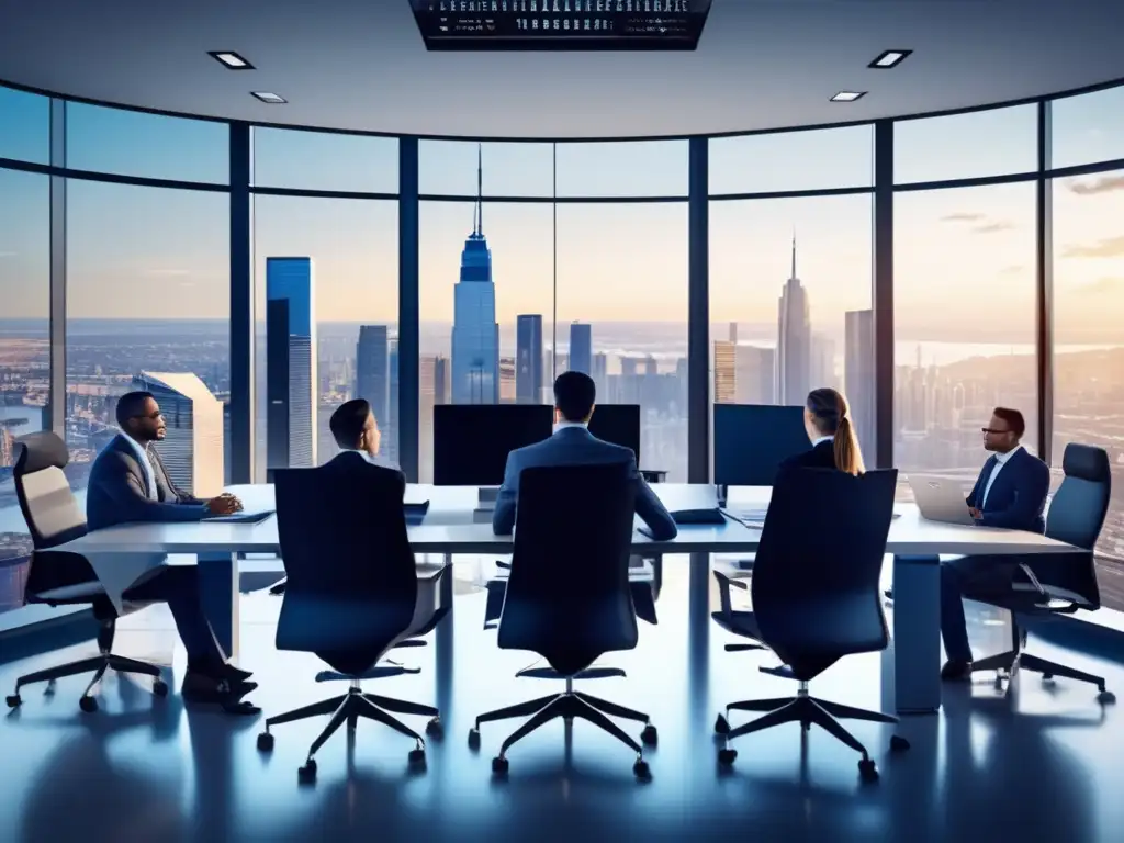 Oficina moderna con vista panorámica y tecnología avanzada Oficina moderna con vista a la ciudad y profesionales discutiendo - Plataformas cripto con asesoramiento personalizado