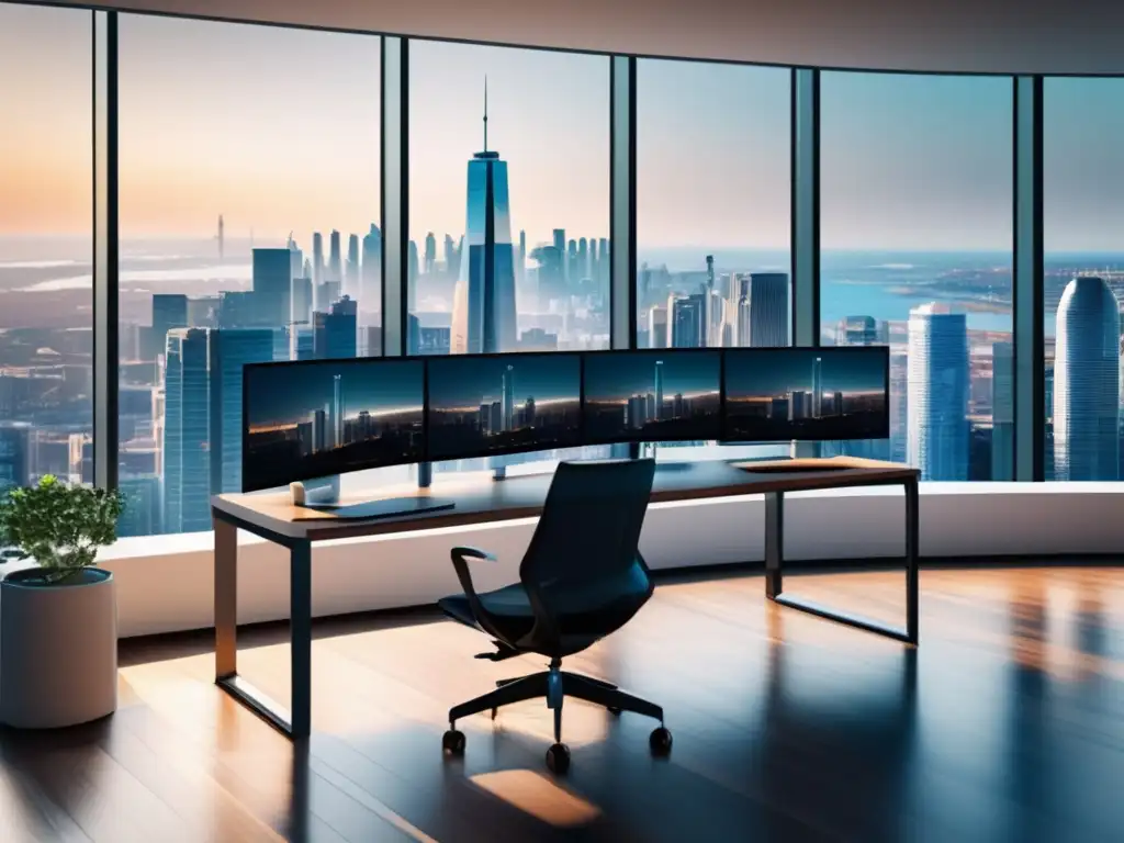 Oficina moderna con vista panorámica Oficina moderna con vista a la ciudad y escritorio de madera con equipo informático de alta tecnología