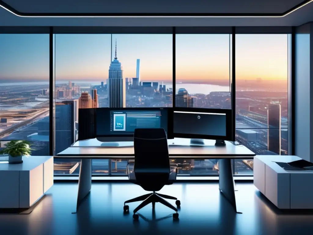 Oficina moderna con vista a la ciudad Oficina moderna con vista a la ciudad y tecnología avanzada - Plataformas tradicionales análisis avanzado