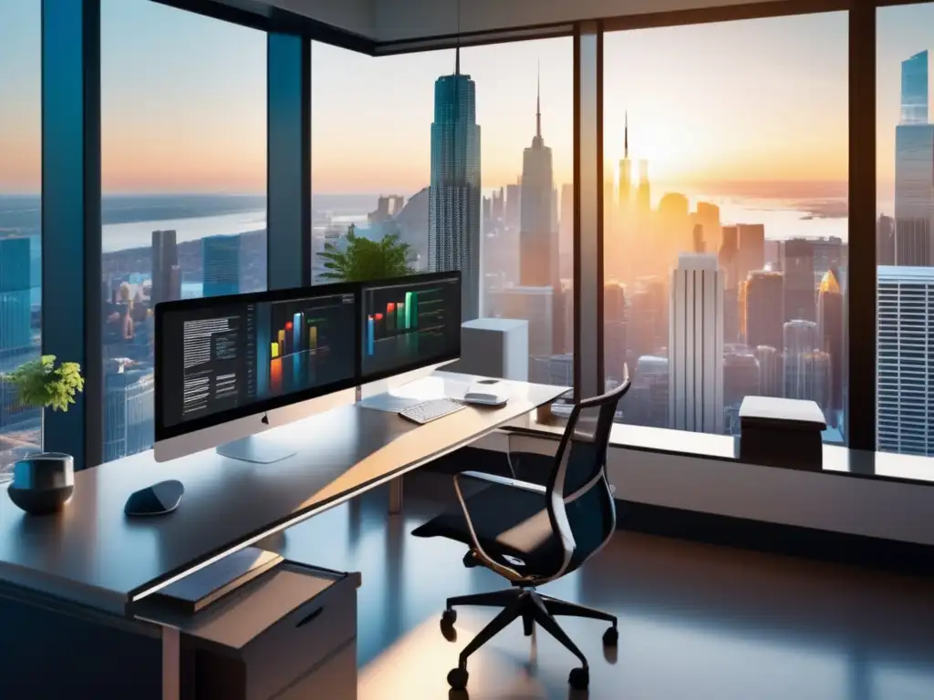 Oficina moderna con vista a la ciudad y comisiones ocultas Oficina moderna con vista a la ciudad y escritorio con documentos
