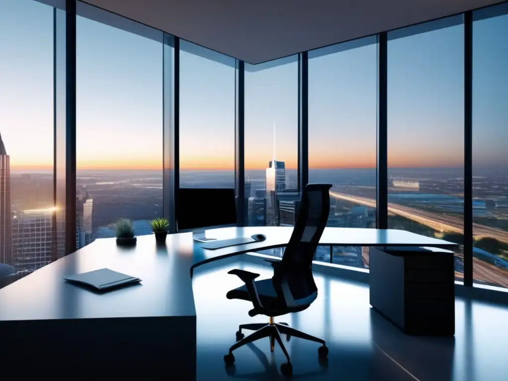 Espacio de oficina moderno y sofisticado con vista a la ciudad Oficina moderna con vista a la ciudad, inversor revisa inversiones pasivas en plataformas tradicionales