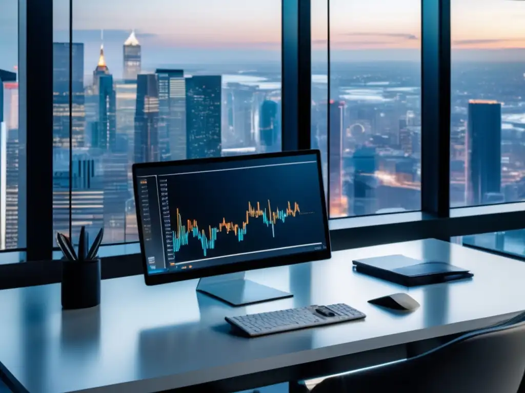 Oficina moderna con vista panorámica Oficina moderna con vista a la ciudad y enfoque psicológico en inversiones tradicionales