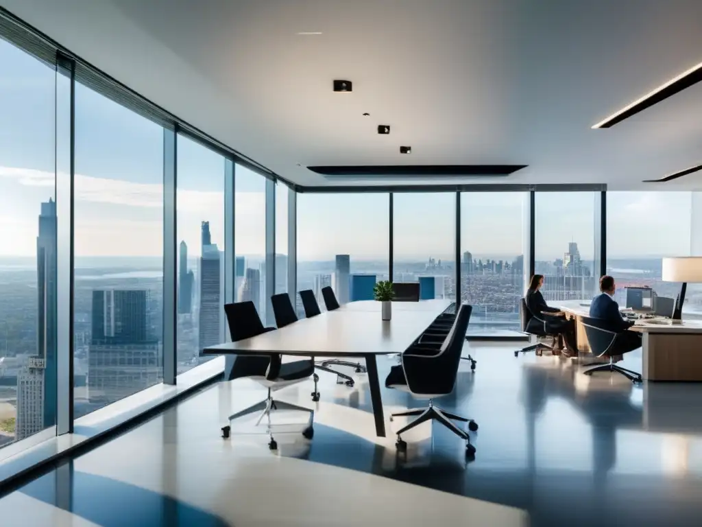 Oficina moderna con vista a la ciudad Oficina moderna con vista a la ciudad, diseño minimalista y profesionales discutiendo - Estrategias de inversión en plataformas educativas
