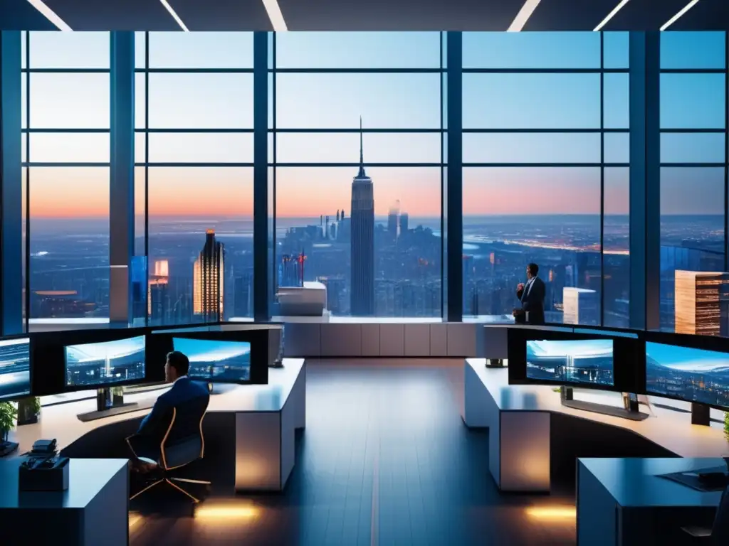 Oficina moderna con traders y pantallas Oficina moderna con vista a la ciudad, trading algorítmico y regulaciones financieras