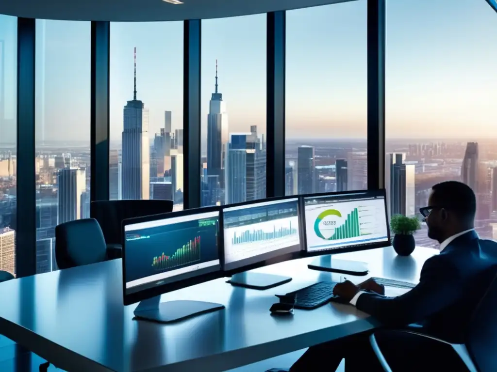 Oficina moderna con profesionales discutiendo Oficina moderna con vista a la ciudad, profesionales discutiendo
