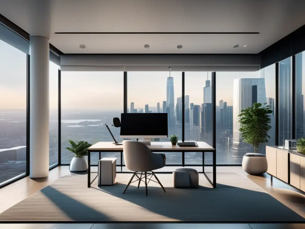 Oficina moderna con vista a la ciudad Oficina moderna con vista a la ciudad, luz natural, decoración minimalista, persona profesional en control