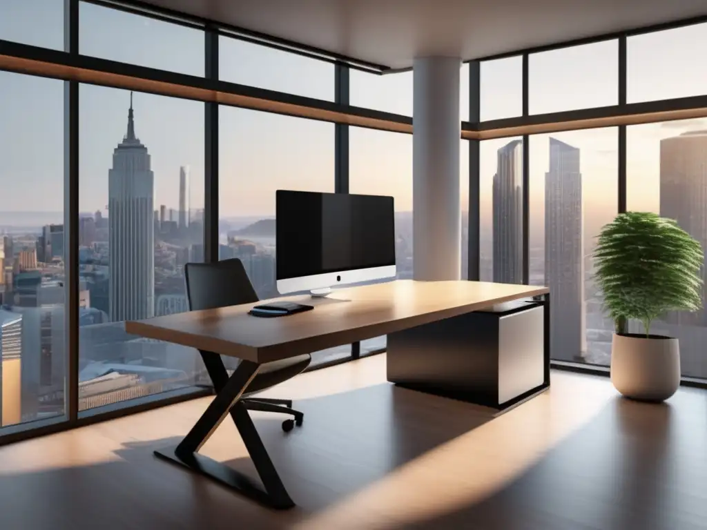 Oficina moderna con vista a la ciudad Oficina moderna con vista a la ciudad, escritorio minimalista con monitor mostrando datos financieros en tiempo real
